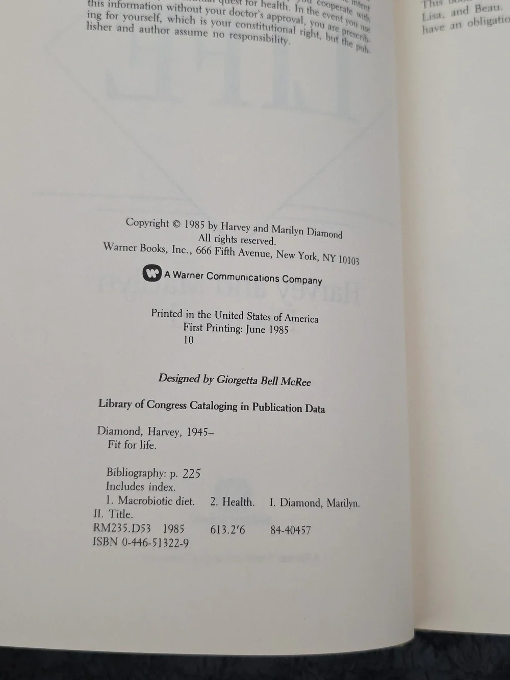 Fit For Life Hardcover Book - 1985 Harvey & Marilyn Diamond